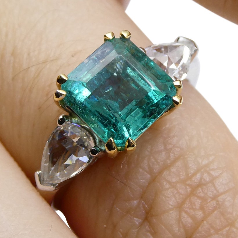 Zambian emerald and diamond three-stone ring